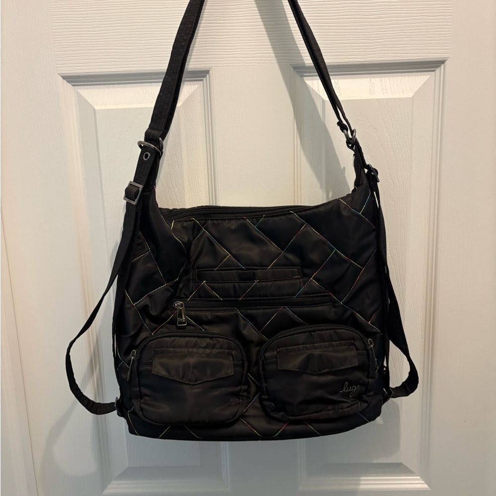 Lug Black Quilted Crossbody Bag with Rainbow Stitching